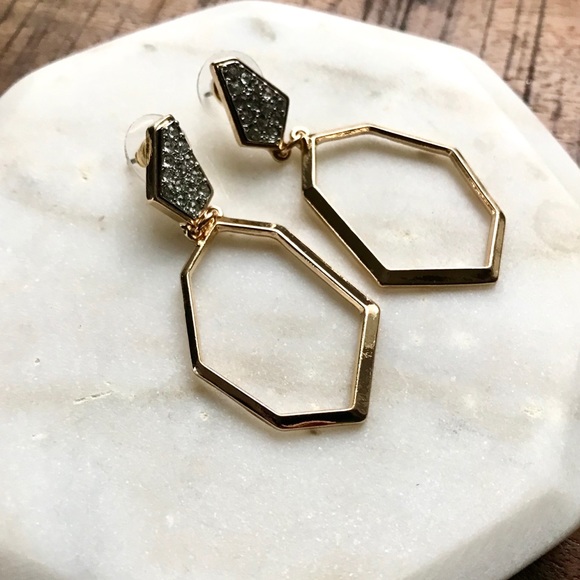 Gold & Graphite Pave Gem Geometric Dangle Earrings - Picture 2 of 2